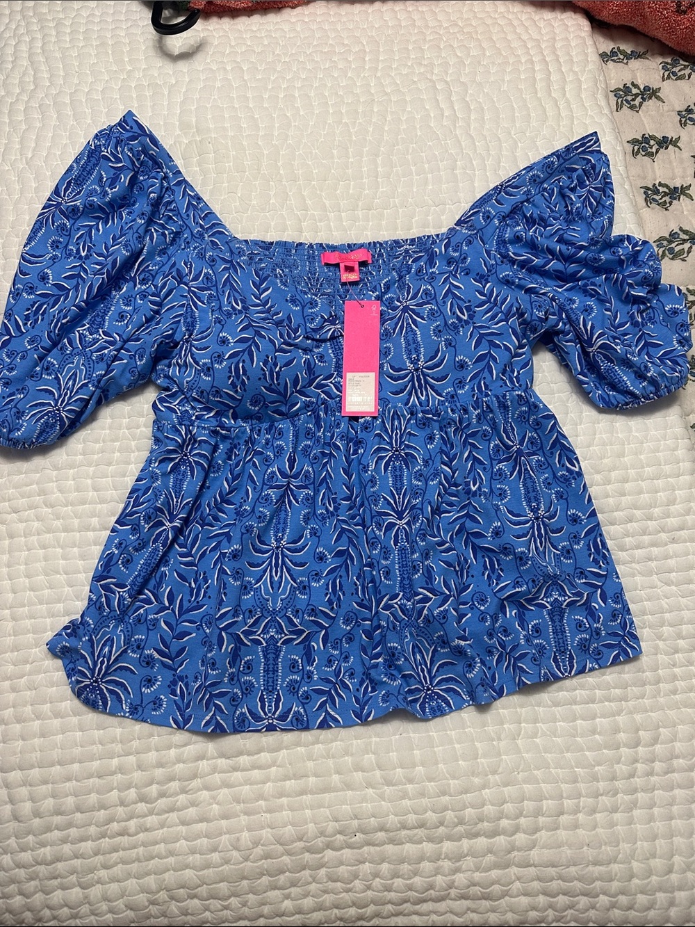 Lilly Pulitzer Royal Blue Printed Puff-Sleeve Top